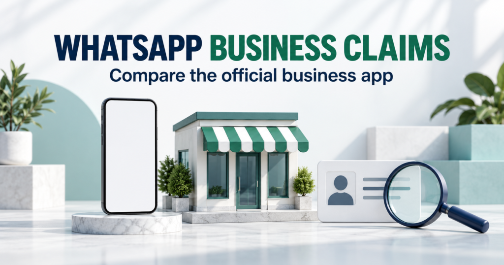 Blank phone, storefront model and business identity card under a magnifier