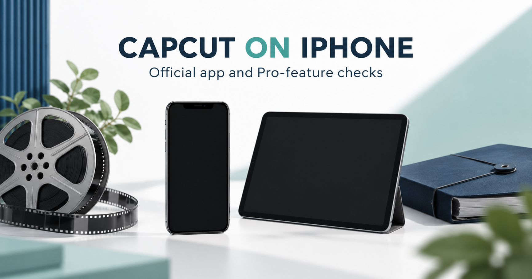 Blank phone and tablet beside film reel and video project folder