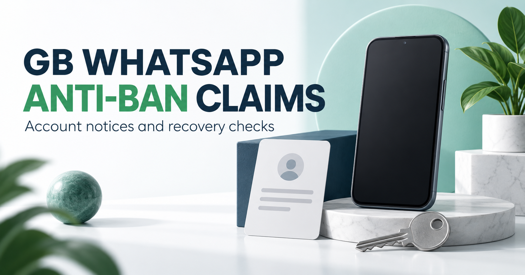 Blank smartphone beside an account notice card and recovery key