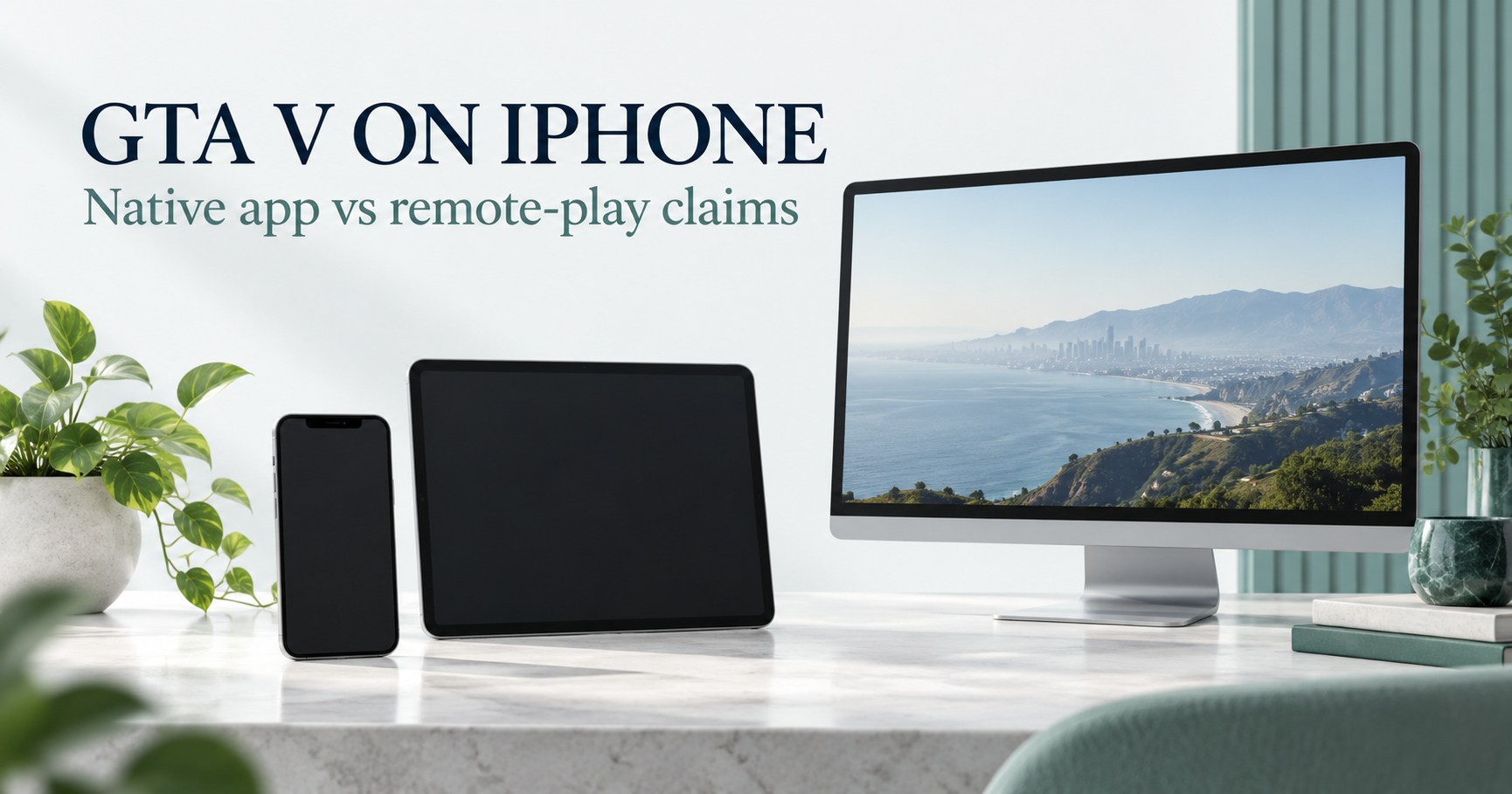 Blank phone and tablet separated from a desktop landscape monitor