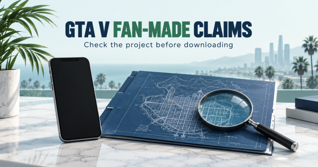 Blank phone beside project blueprint and magnifying glass