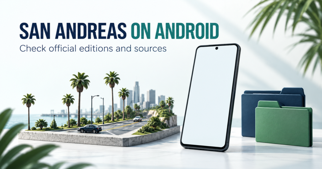 Blank phone beside a miniature palm-lined road and separate app folders
