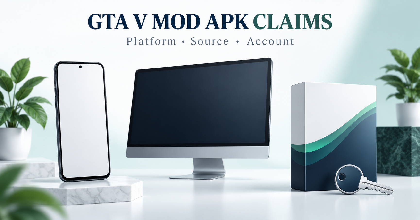 Blank phone and separate desktop monitor beside software package and account key