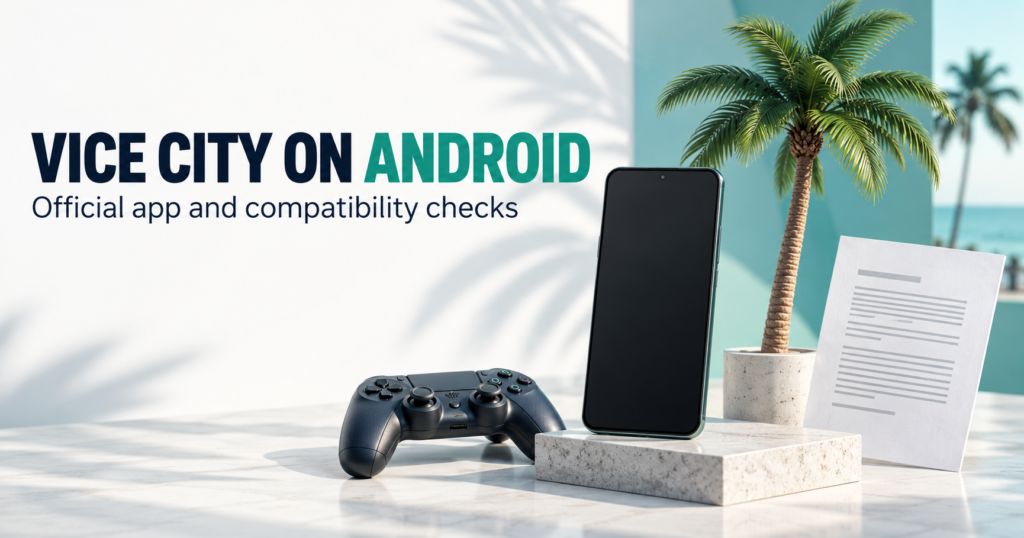 Blank phone, palm tree, game controller and source document
