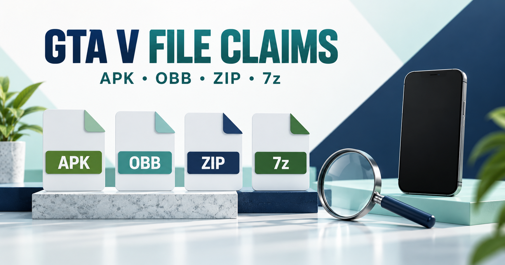 APK, OBB, ZIP and 7z documents beside magnifying glass and blank phone