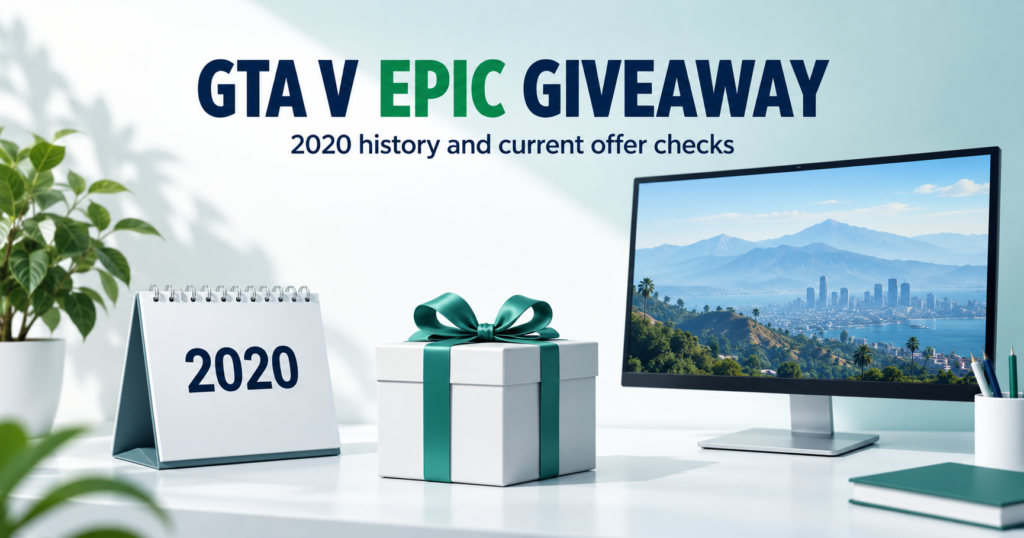 2020 calendar and gift box beside an illustrative desktop landscape