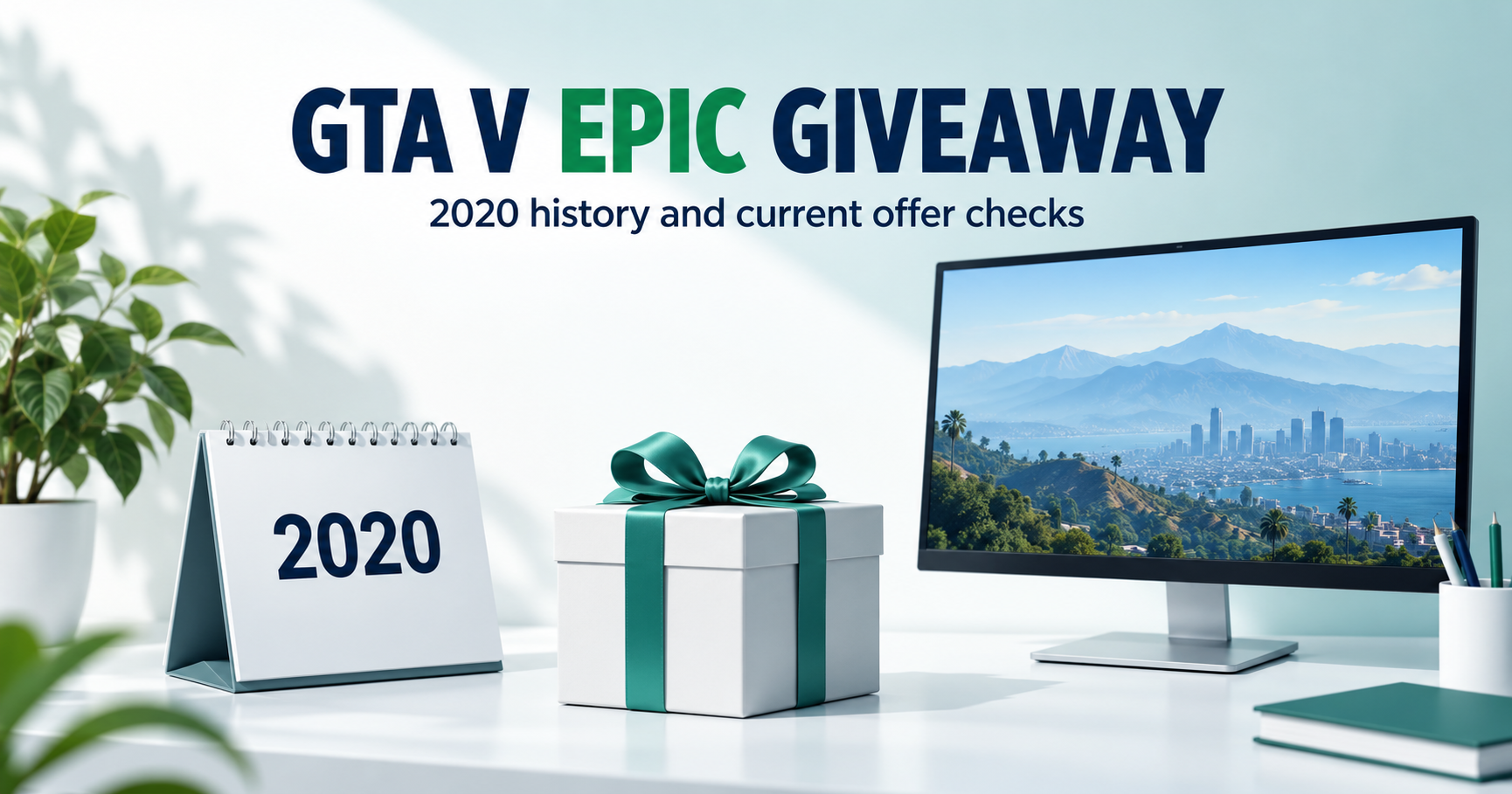 2020 calendar and gift box beside an illustrative desktop landscape