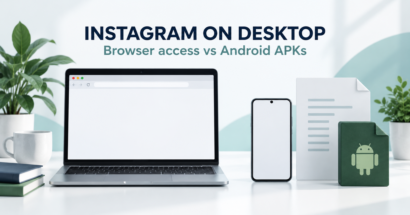 Blank desktop browser beside separate phone and Android package document