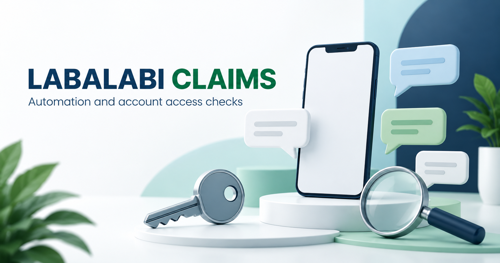 Blank phone, message bubbles, account key and magnifying glass