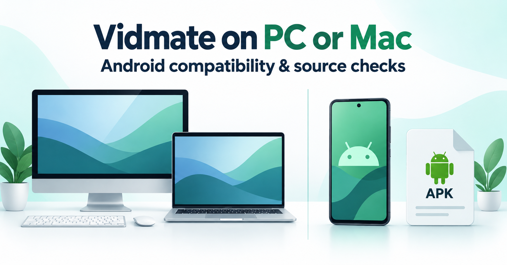 Desktop computer and laptop separated from an Android phone and APK file