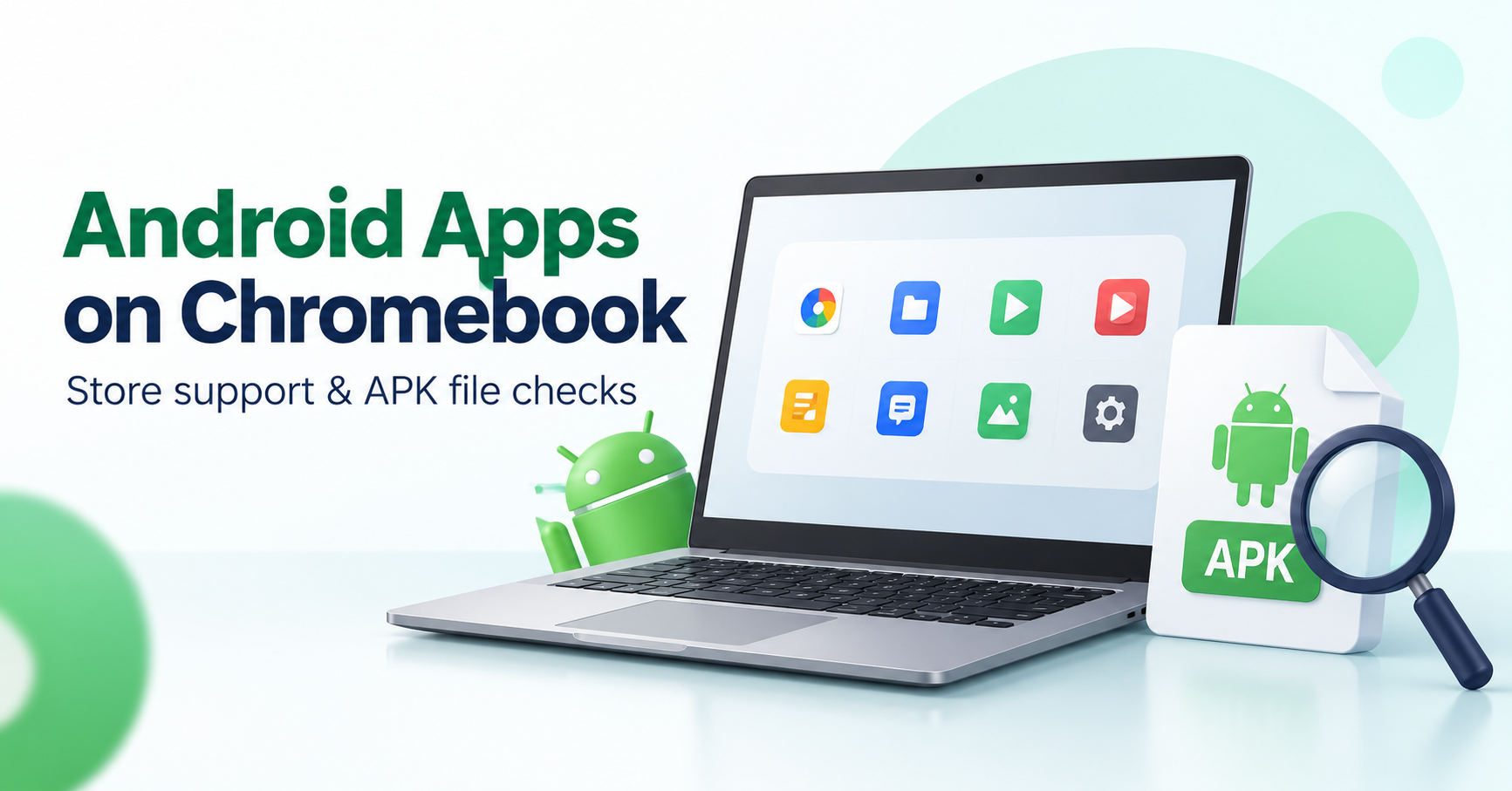 Chromebook-style laptop with app tiles beside an Android package and magnifying glass