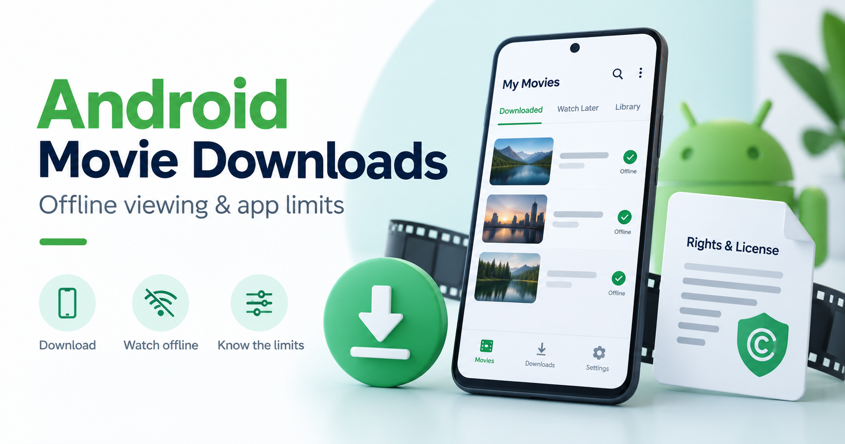 Android movie downloads illustrated with a phone, offline library and rights document