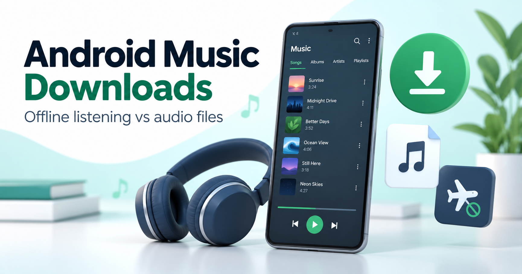 Phone music library with headphones, an offline symbol and an audio file