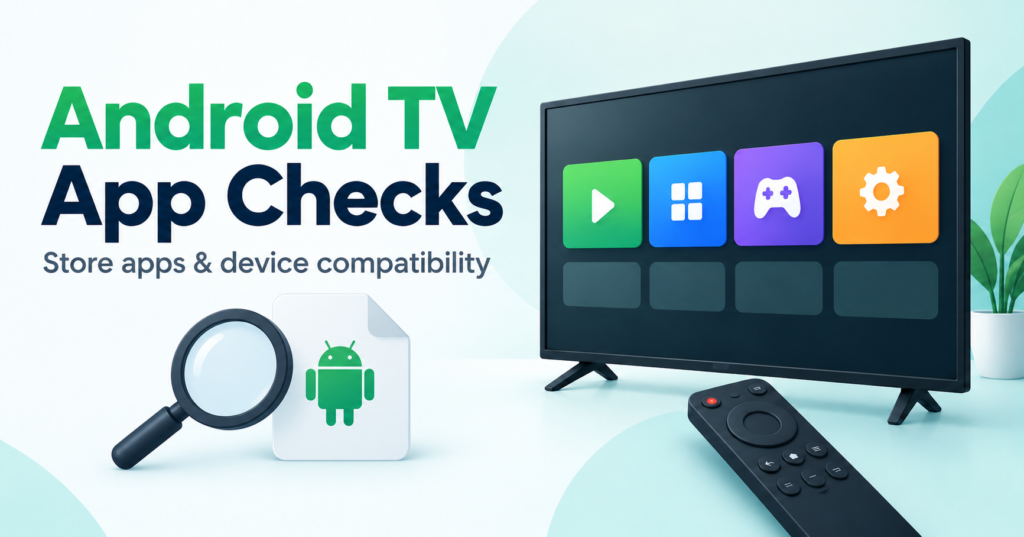 Android TV-style app tiles, remote and an app package beside a magnifying glass