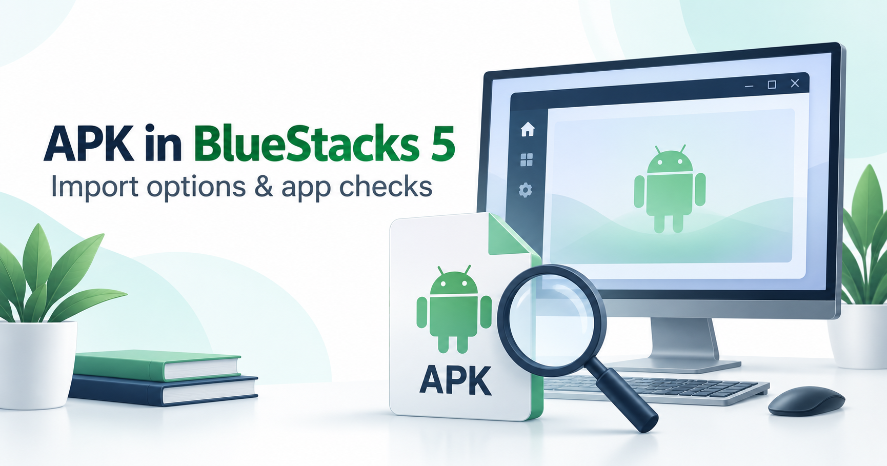 Desktop Android emulator illustration beside an APK file and magnifying glass