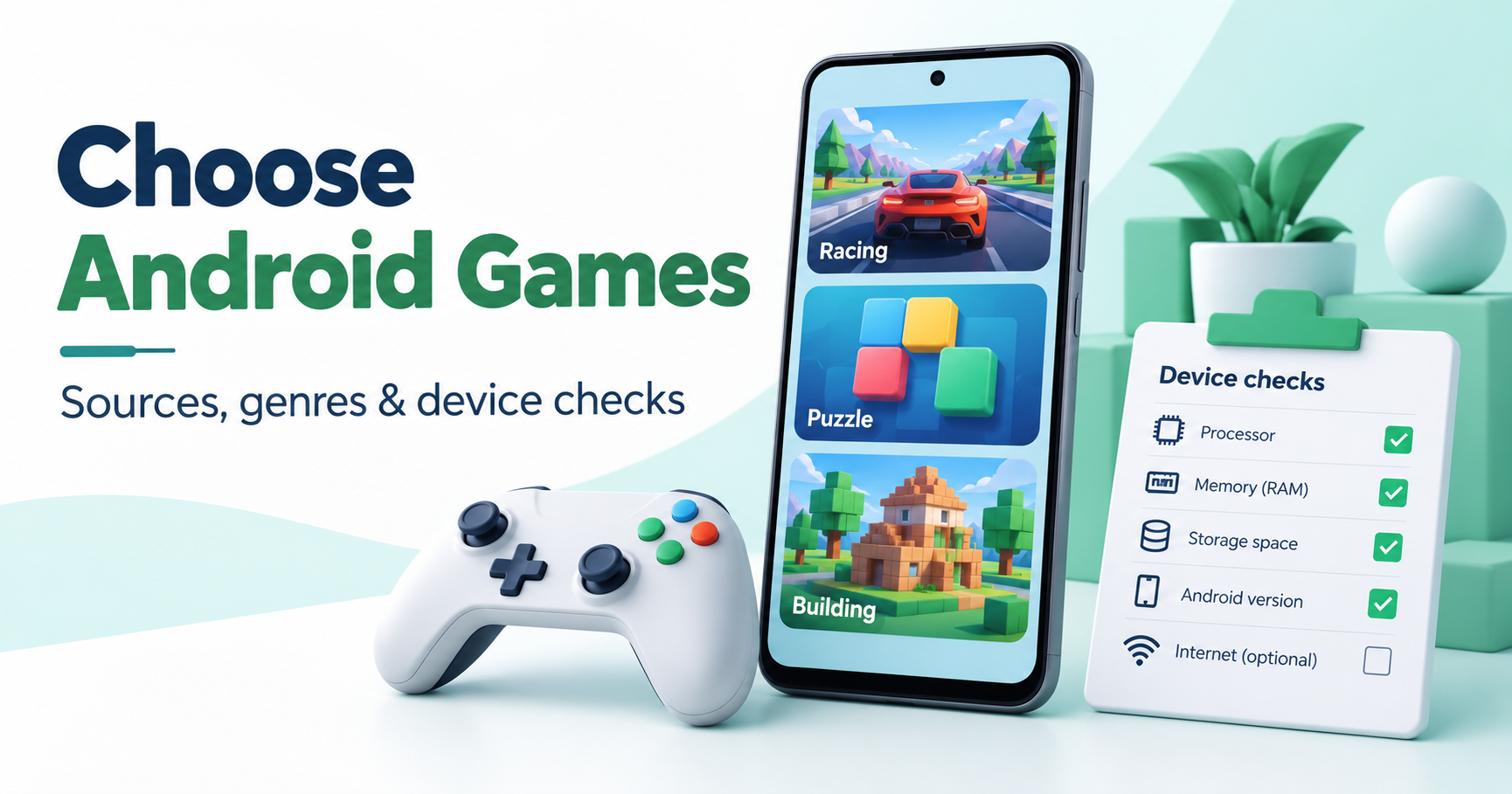 Android game genres illustrated with a controller, phone and device requirements checklist