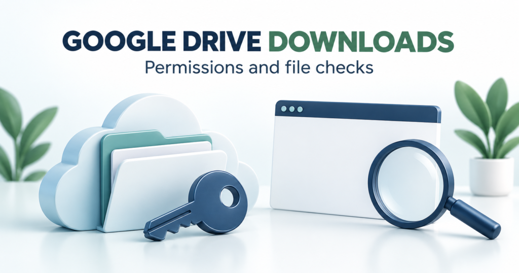Cloud folder, permission key and browser window under magnifying glass