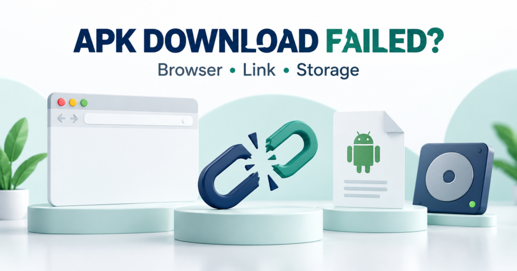Blank browser window, broken link, APK document and storage disk