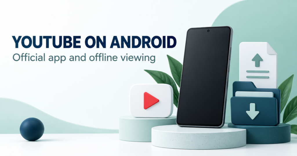 Blank phone with play symbol, offline library and upload document