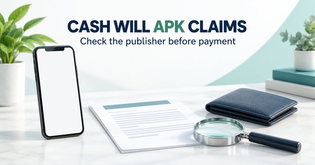 Blank smartphone, publisher document and closed wallet beside a magnifying glass