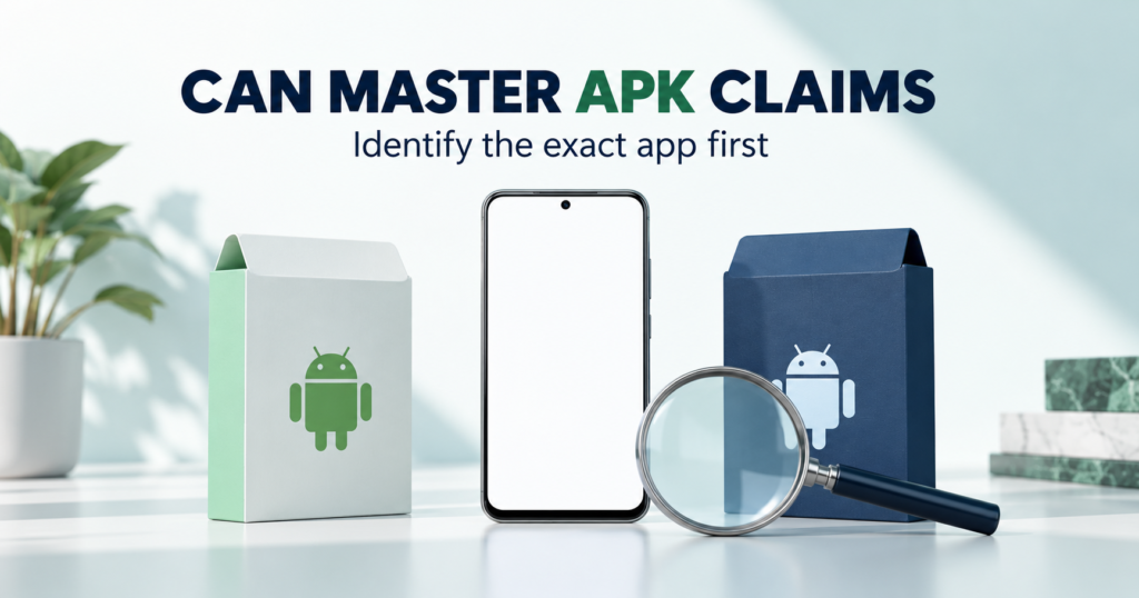 Blank phone and distinct app package folders under a magnifying glass