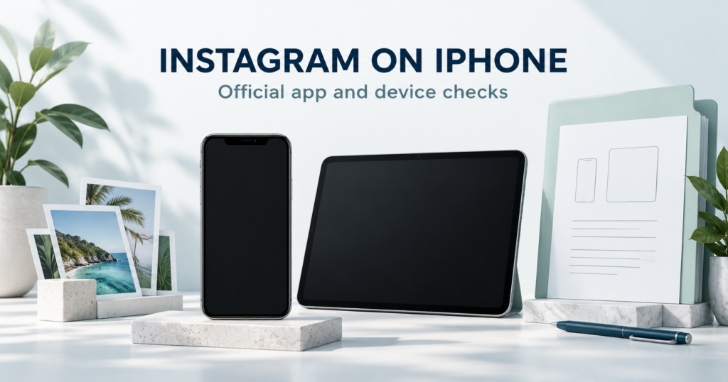 Blank phone and tablet beside photo cards and device specification folder