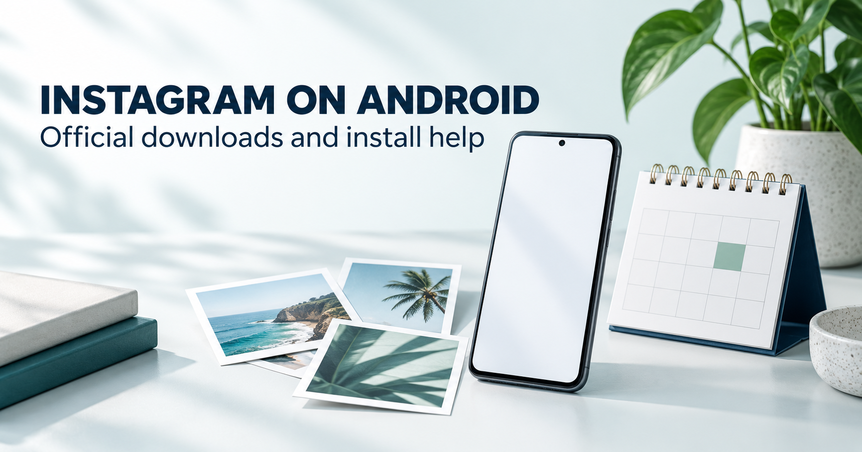 Blank Android-style phone beside photo cards and update calendar