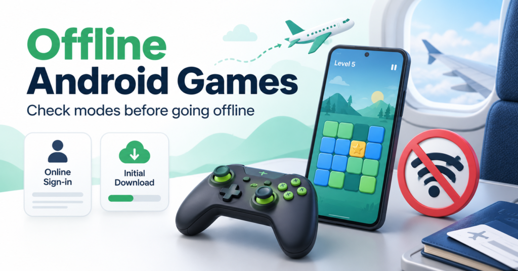 Offline puzzle game illustrated with a phone, controller, airplane and crossed-out Wi-Fi symbol