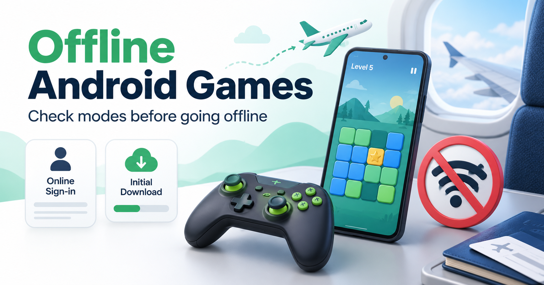Offline puzzle game illustrated with a phone, controller, airplane and crossed-out Wi-Fi symbol