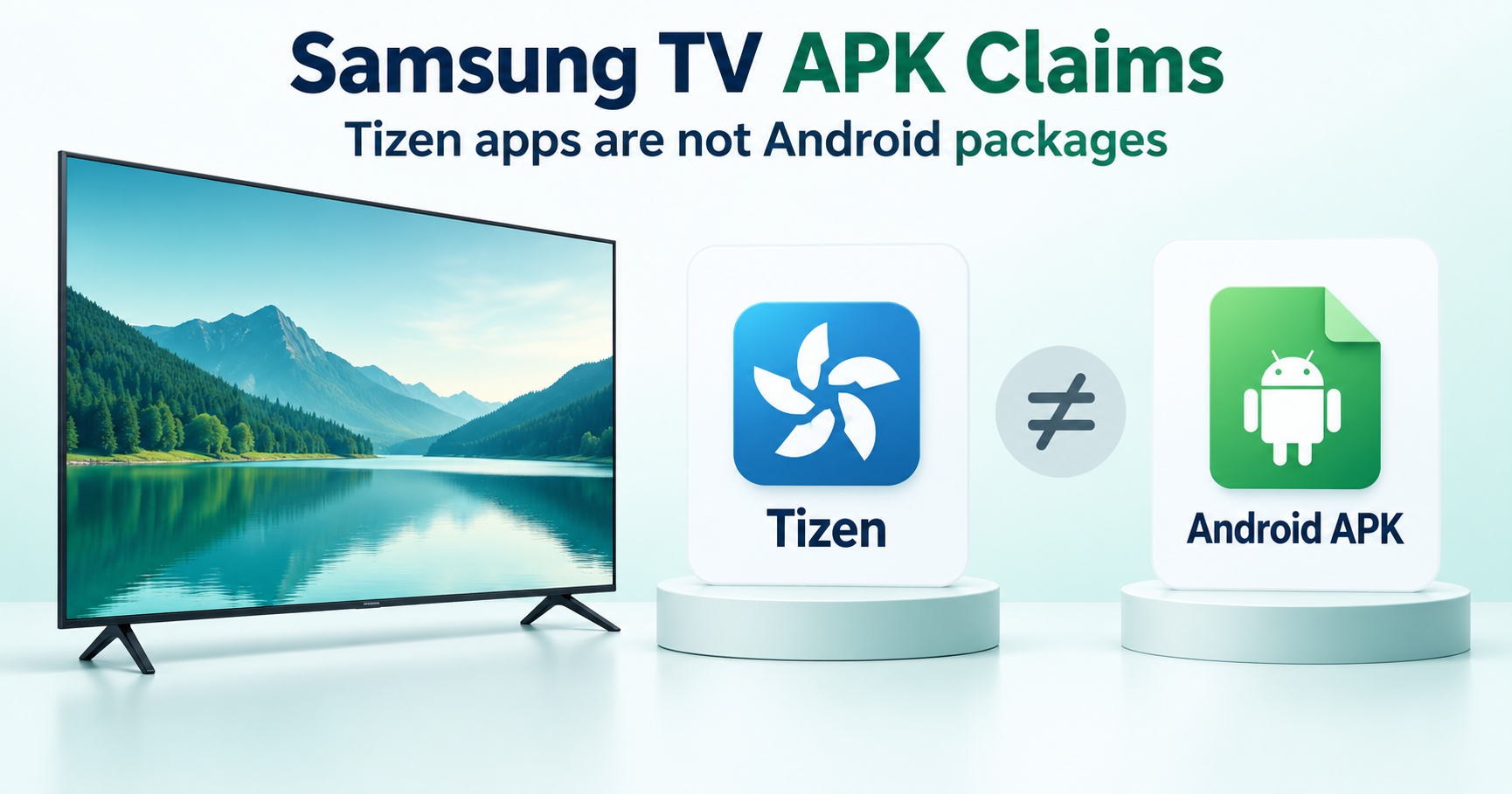 Television beside separate Tizen and Android APK cards with an incompatibility symbol