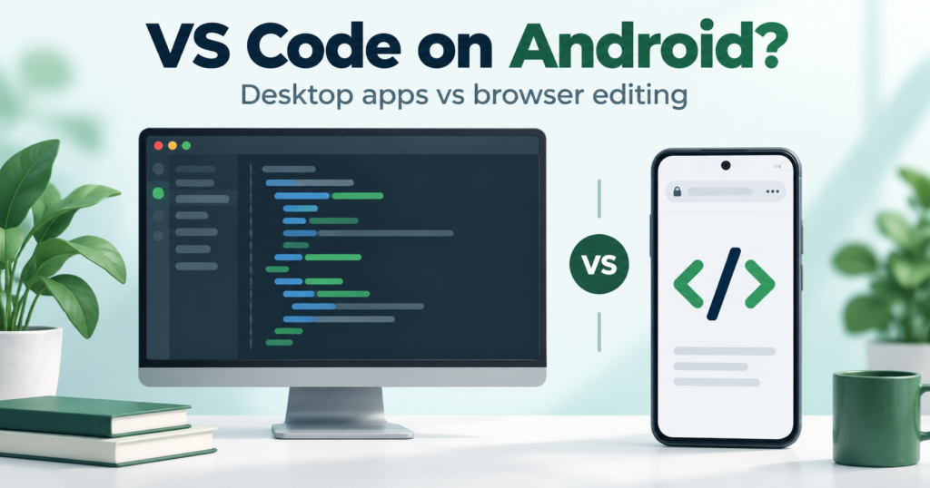 Desktop code editor compared with an illustrative mobile browser code view