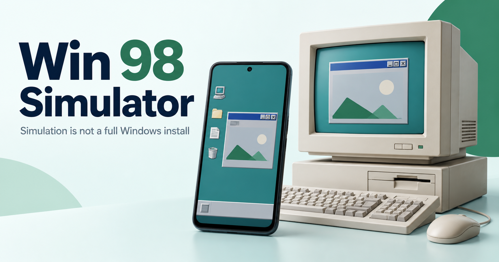 Retro-window simulation on an Android phone beside a vintage desktop computer