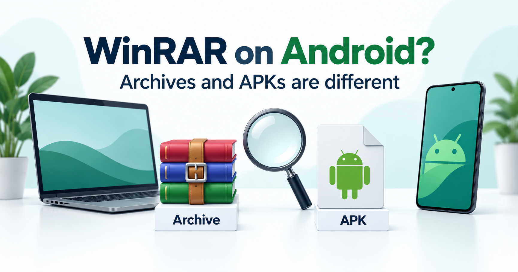 Archive documents and an APK file shown separately beside a laptop and Android phone
