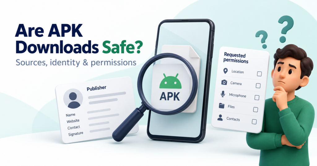 APK file under a magnifying glass beside publisher and permission checklists