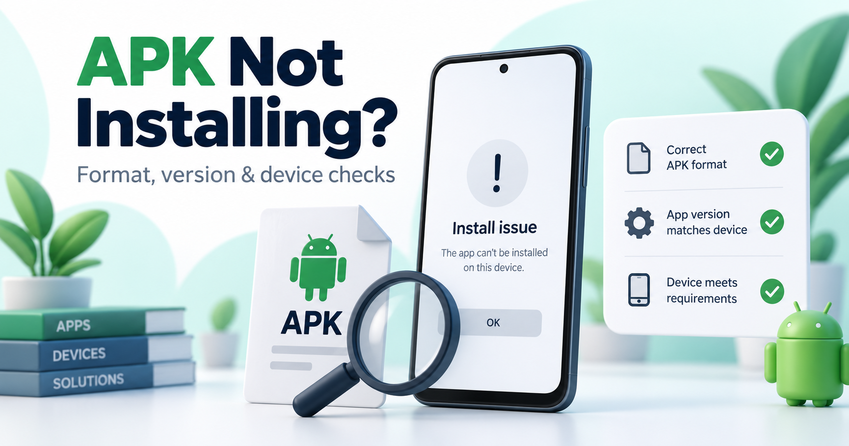 Phone with an installation issue beside an APK file and device compatibility checklist