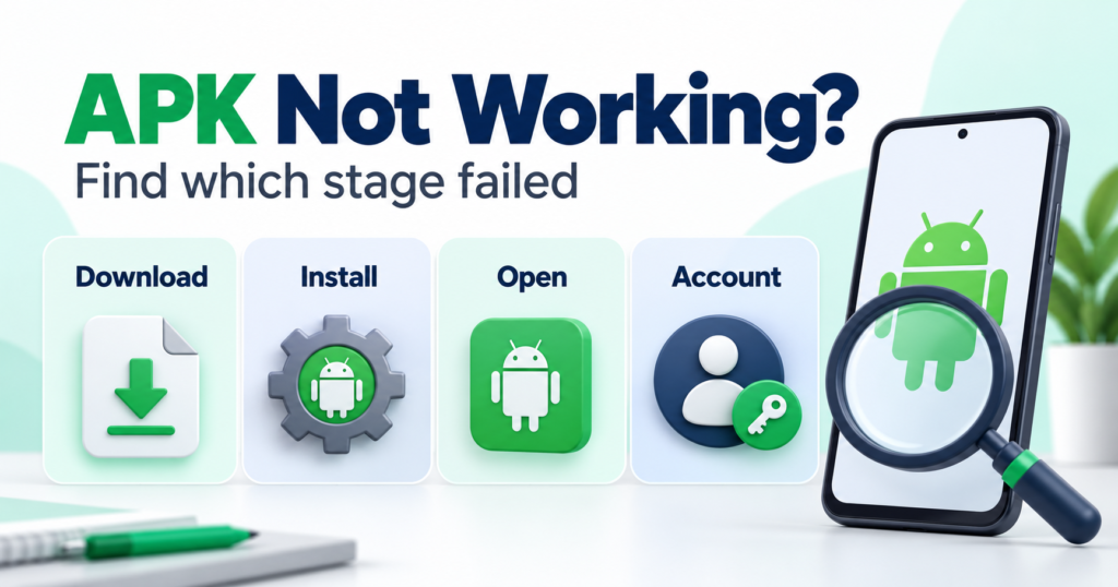 Download, install, open and account stages shown as separate troubleshooting panels