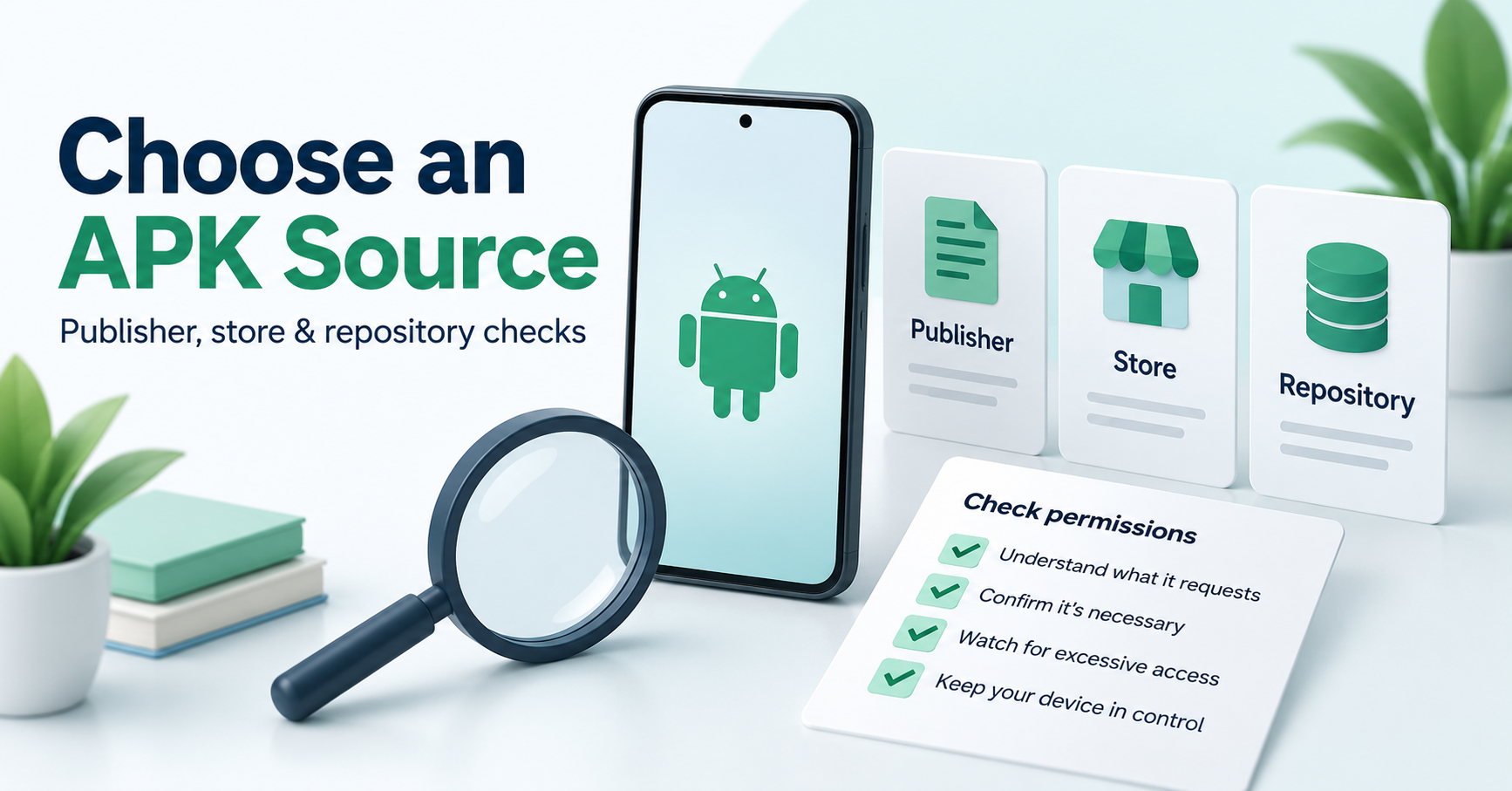 Publisher, store and repository source cards with a permissions checklist
