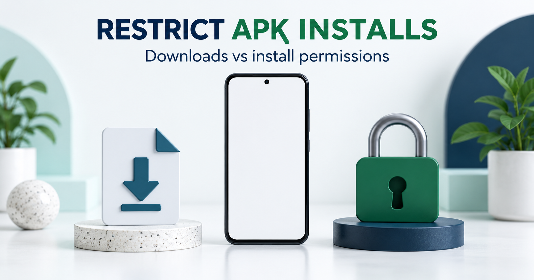 Blank smartphone between a download document and installation permission padlock