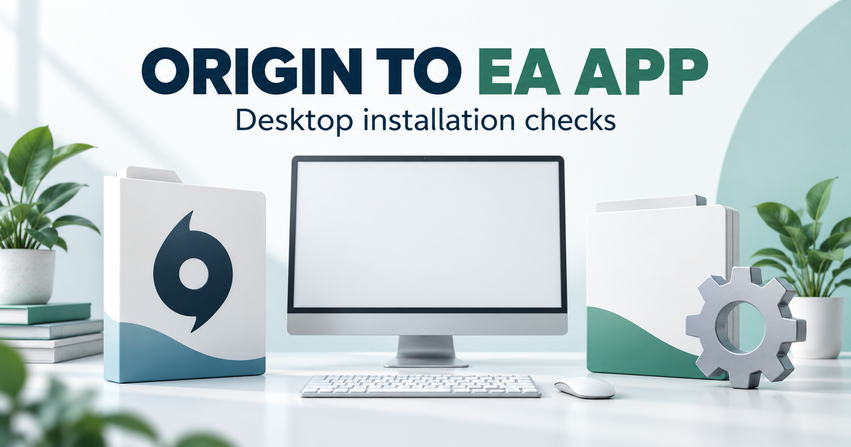 Desktop monitor with two software package folders and an installation gear