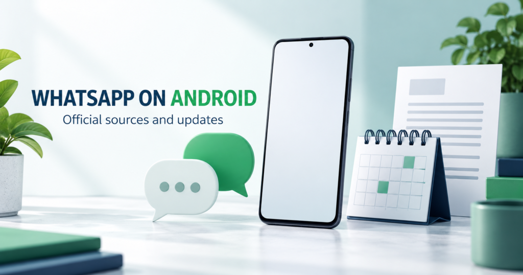 Blank Android-style phone beside chat bubbles, update calendar and source document