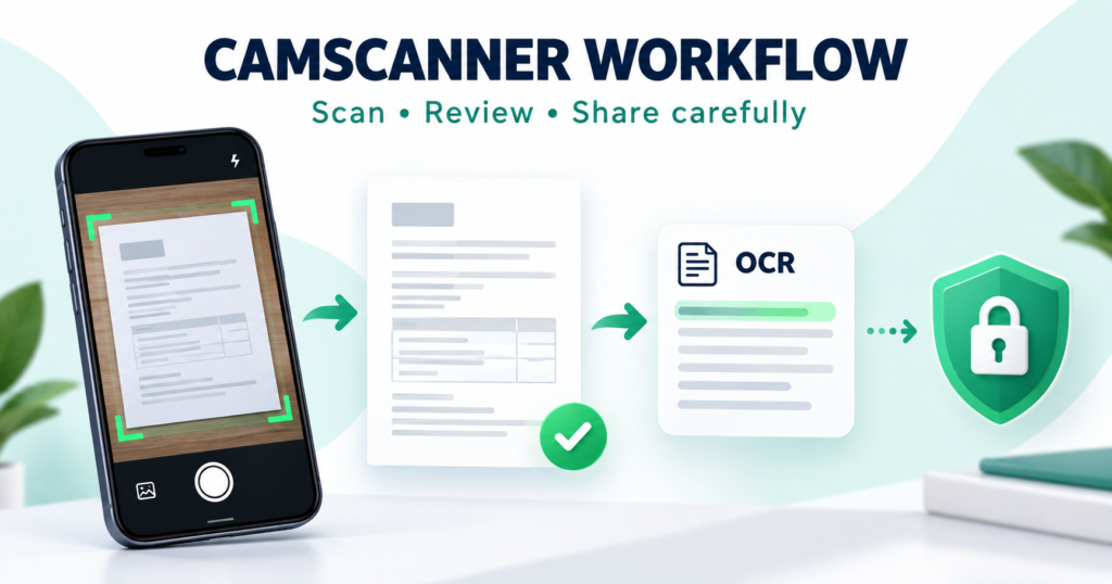 Illustrative document scan, review sheet, OCR panel and privacy lock
