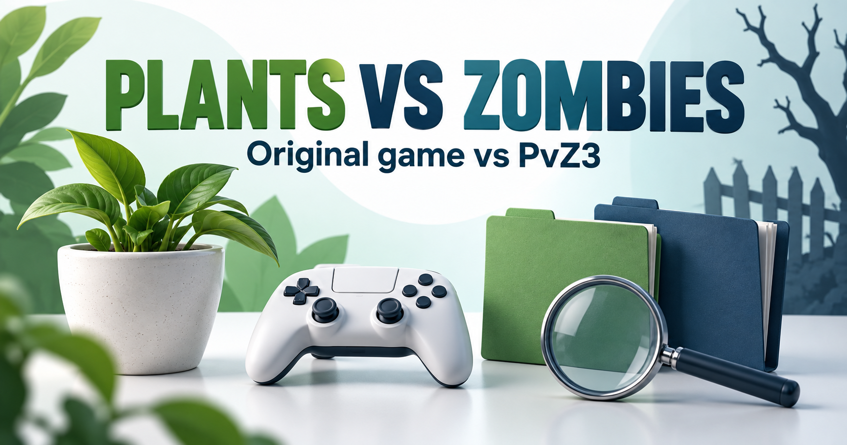 Plant pot, game controller and two folders under a magnifying glass