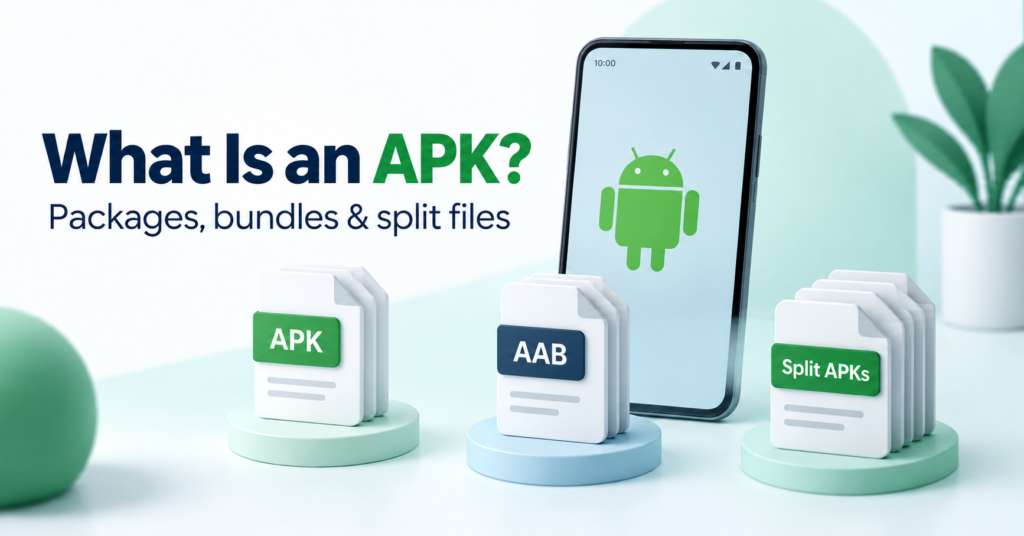 APK, AAB and split APK file stacks next to an Android-style phone