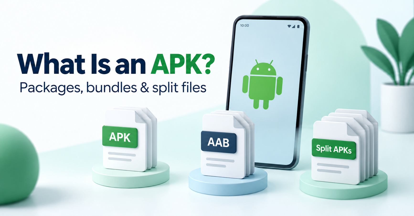 APK, AAB and split APK file stacks next to an Android-style phone