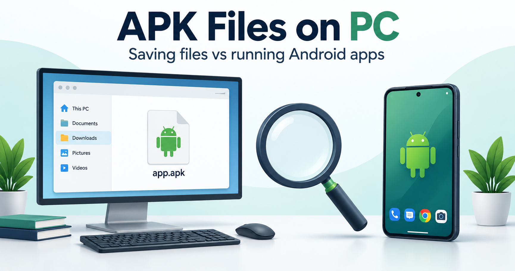 An APK file saved on a desktop computer beside a separate Android phone