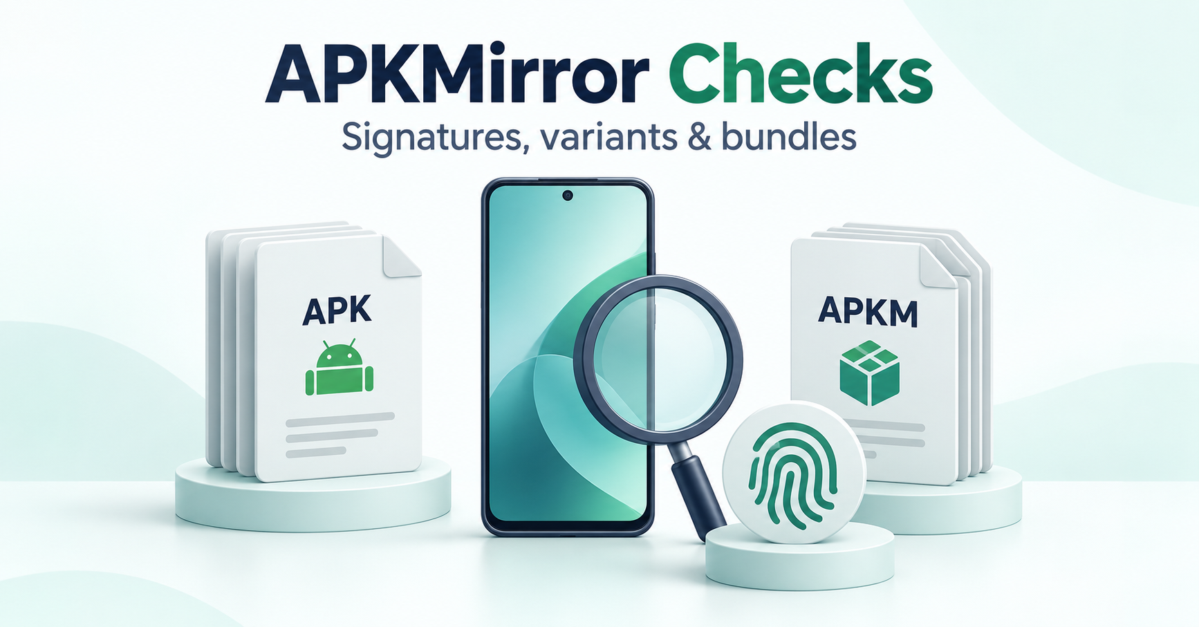 APK and APKM packages with a phone, magnifying glass and digital fingerprint symbol