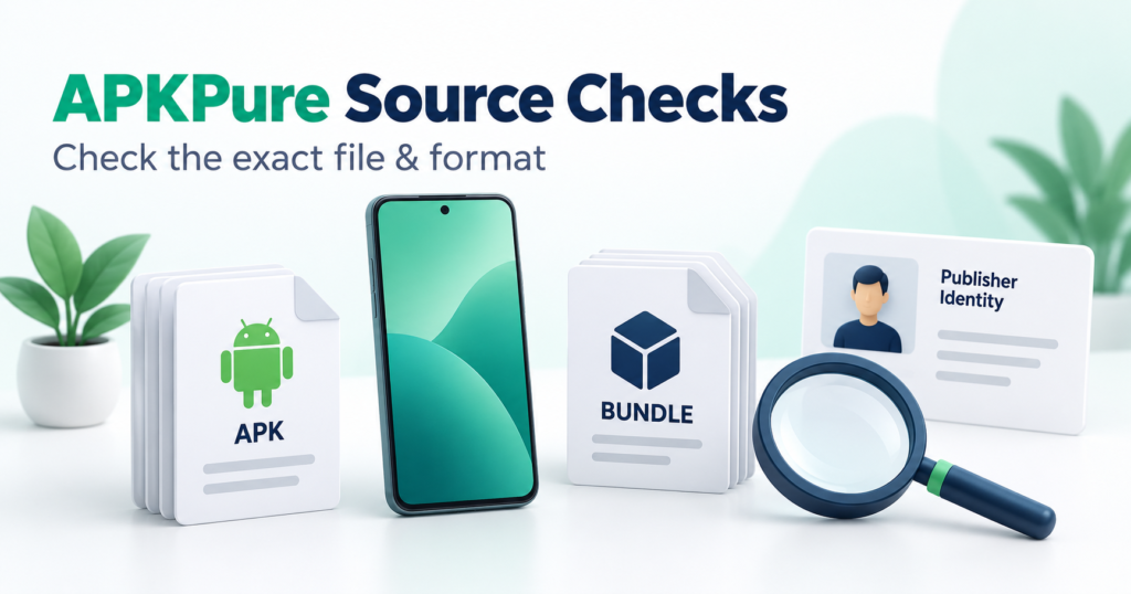 Android phone, APK and bundle documents beside a publisher identity card