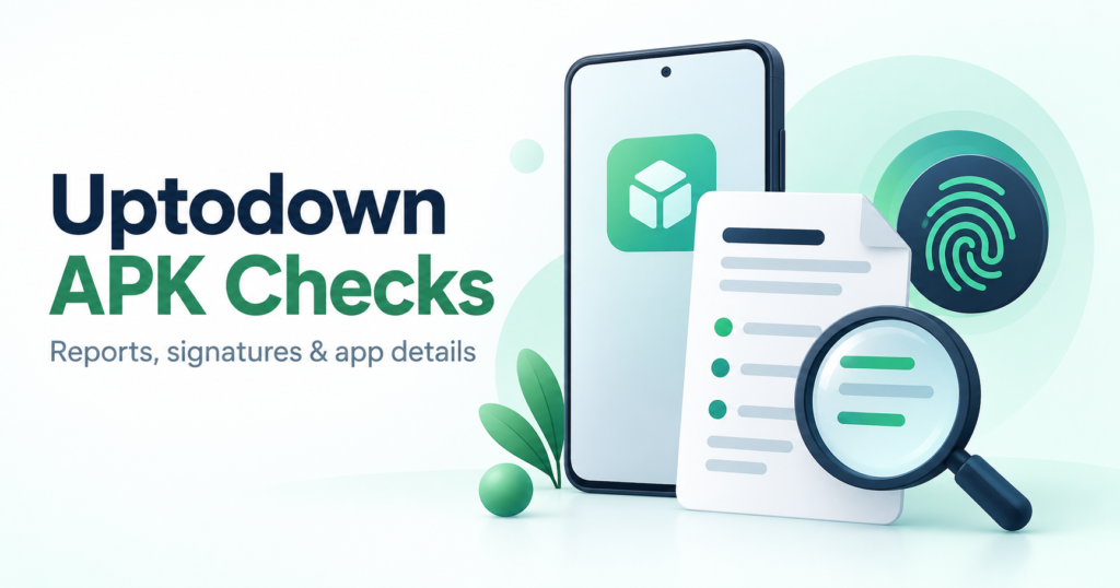 Phone, app report and digital fingerprint symbol illustrating Uptodown source checks