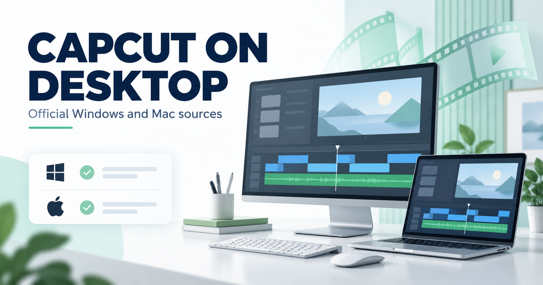 Illustrated desktop monitor and laptop with an abstract video editing timeline
