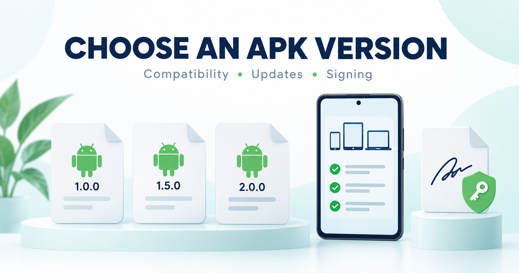 Three APK version cards beside compatibility and signing illustrations